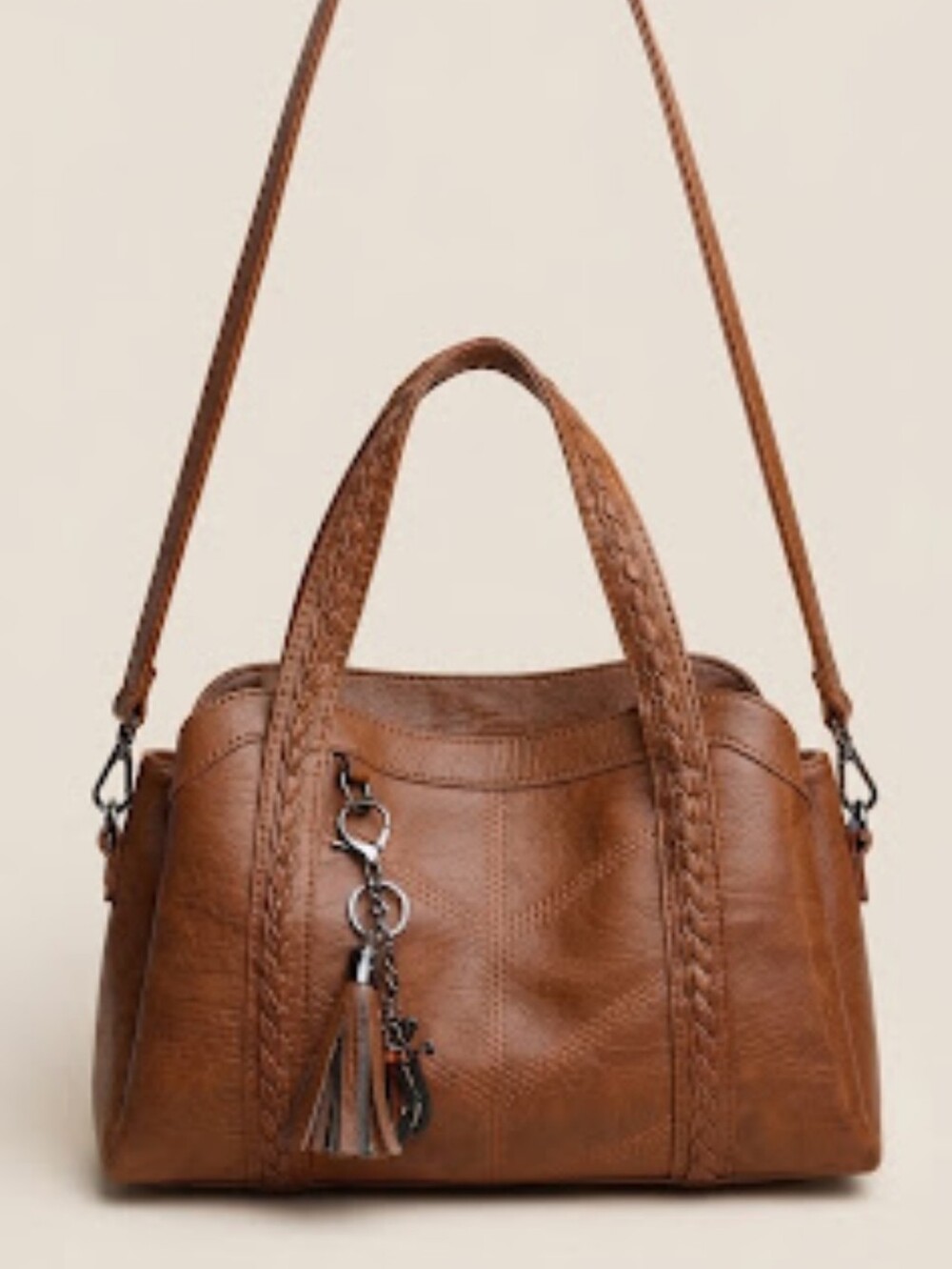 Classic Braided  Soft Brown Leather Hand Bag, Adjustable Shoulder Straps